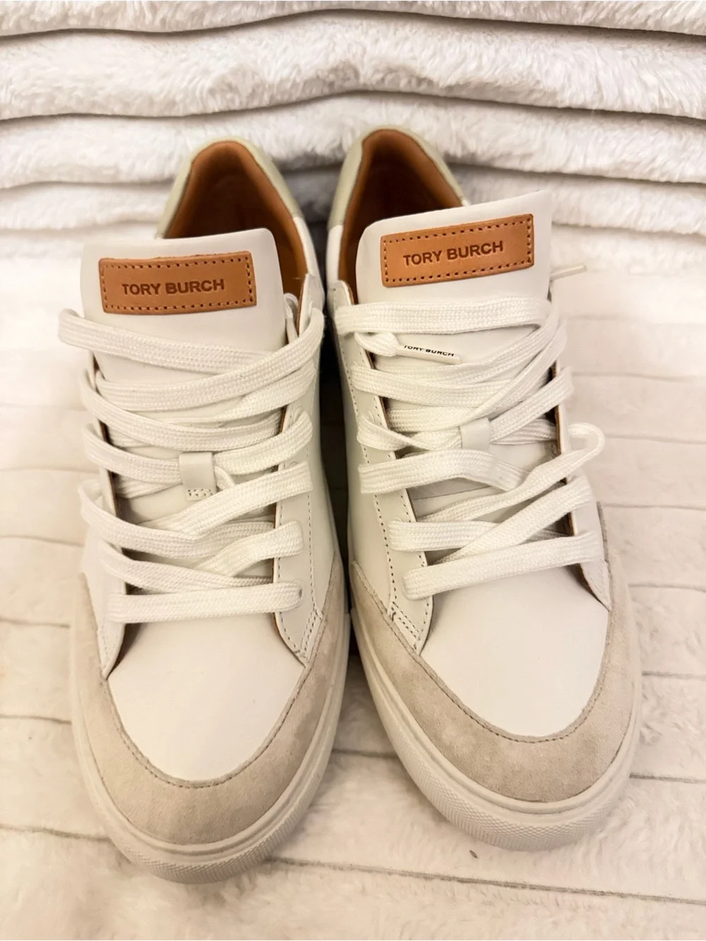 Tory Burch Cream & Tan Leather Suede Sneakers